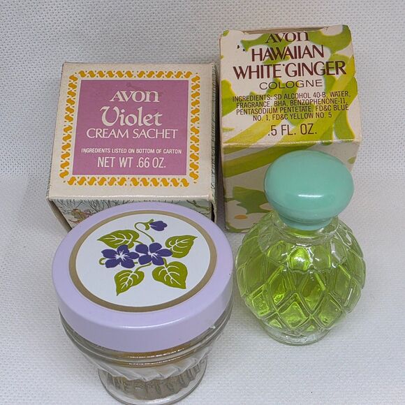 Avon Hawaiian White Ginger Cologne .5 Oz & Avon Violet Cream Sachet (Empty) - Picture 1 of 15